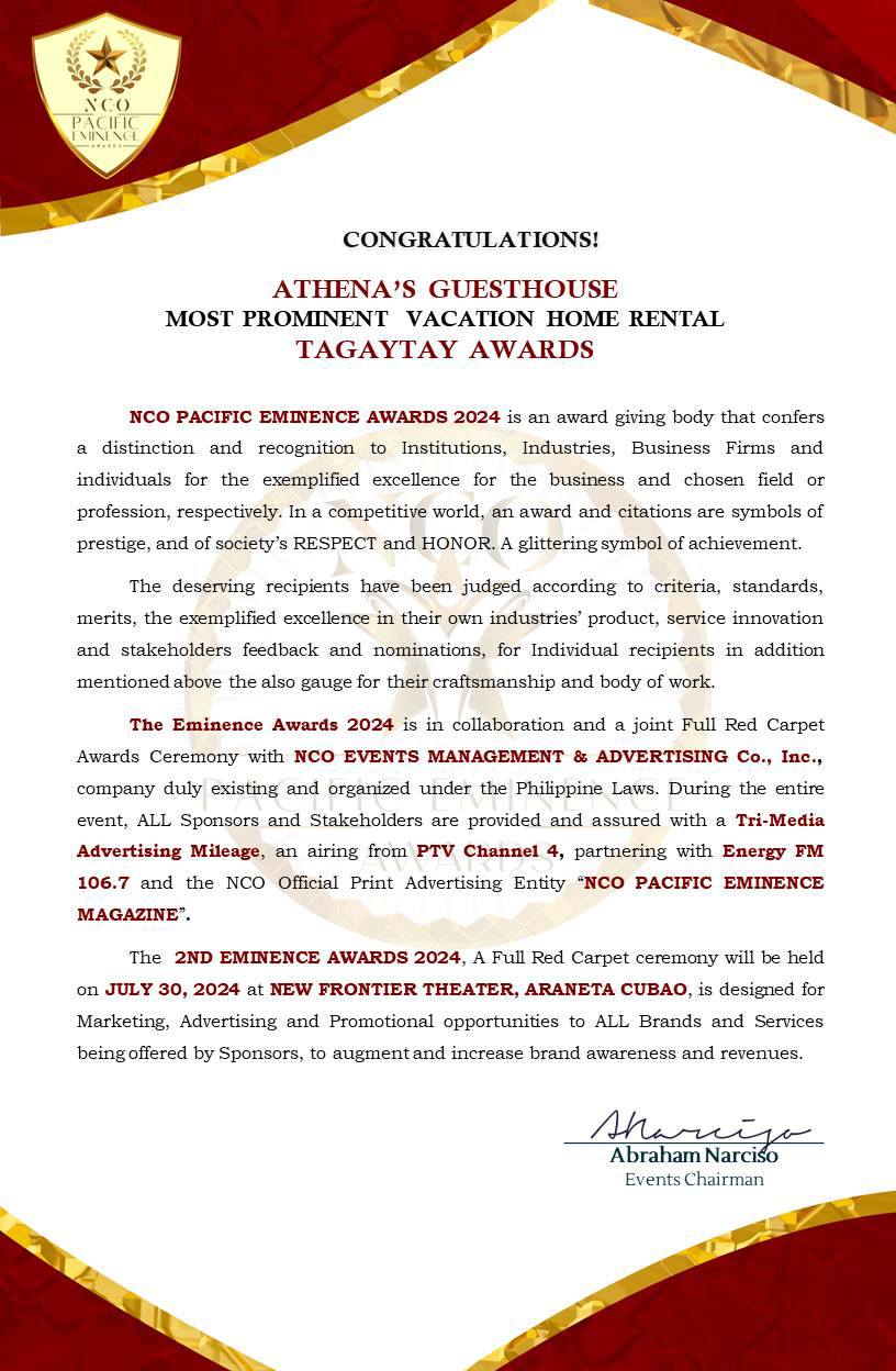 NCO Pacific Eminence Awards 2024 — Most Prominent Vacation Home Rental, Tagaytay Awards