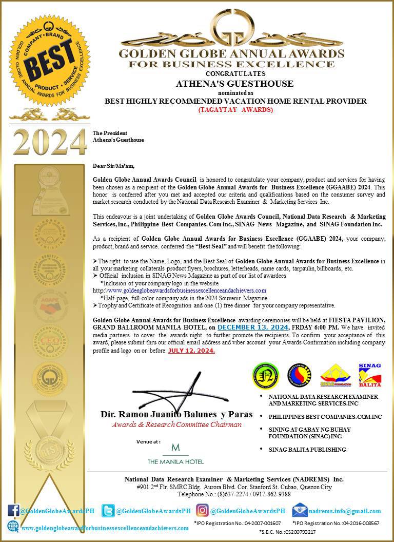 Golden Globe Annual Awards for Business Excellence 2024 — Best Highly Recommended Vacation Home Rental Provider