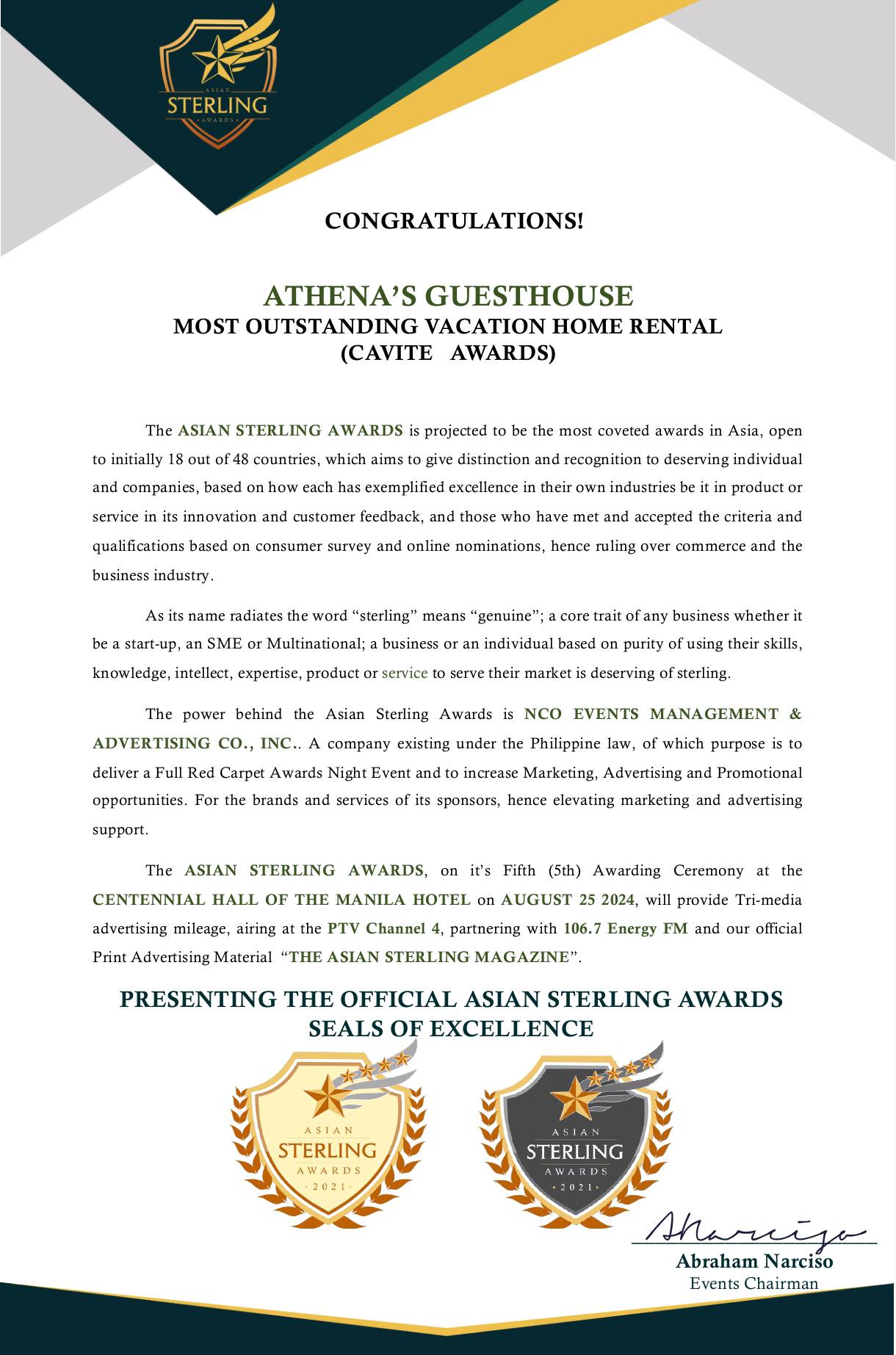 Asian Sterling Awards — Most Outstanding Vacation Home Rental, Cavite Awards