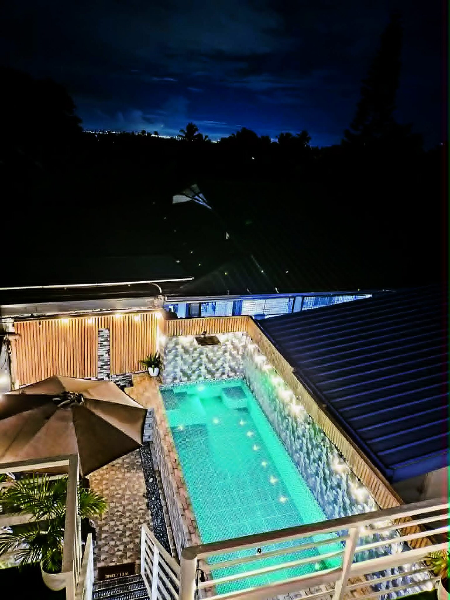 Bird's-eye view of the pool with dramatic night lighting